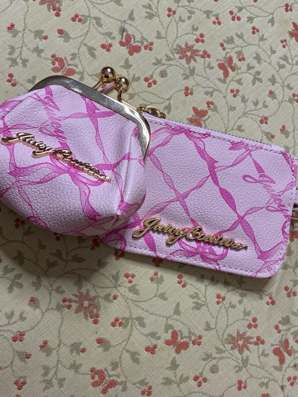 Juicy Couture Pink Pattern Monogram Wallet and Coin Pouch Set